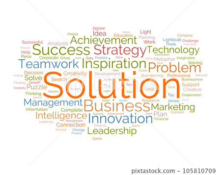 Word cloud background concept for Solution. Planning strategy, creativity solution and development, inspiration leadership, Innovative of new ideas. vector illustration. 105810709
