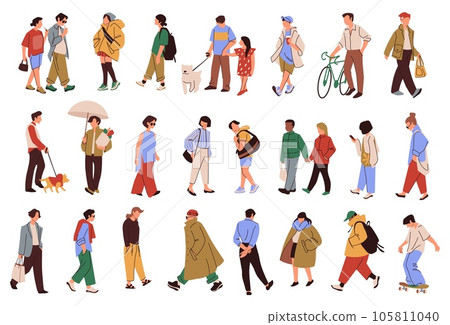 City people. Women and men summer walking. Urban crowd. Street girl and guy with dog. Couples stroll. Teenager on bicycle. Fashionable coats and backpacks. Isolated persons vector set City people. Women and men summer walking. Urban crowd. Street girl and guy with dog. Couples stroll. Teenager on bicycle. Fashionable coats and backpacks. Isolated persons vector set 105811040