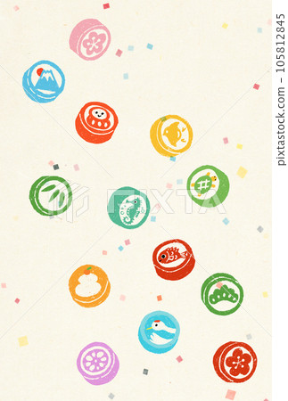 2024 New Year's card postcard template Japanese-style lucky charm illustration design No text/vertical 105812845