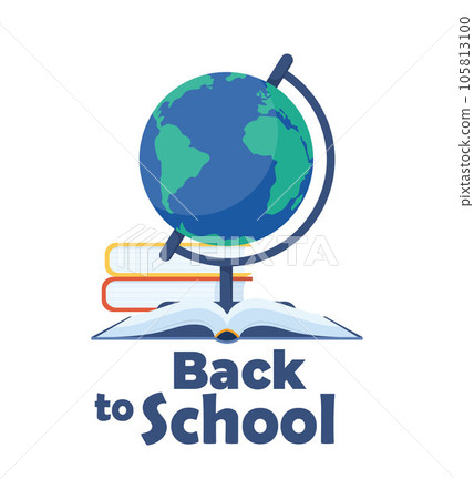 School globe and books. Back to school concept. Classroom earth model on stand. Sphere map of continent and ocean. Geography learning tool. Vector illustration. 105813100