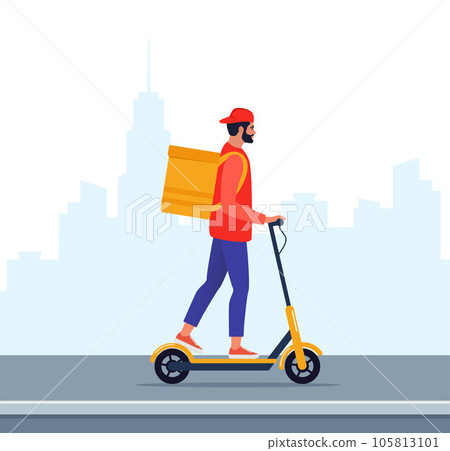 Delivery young man courier riding electric scooter with yellow package product box. Fast shipping service concept on city street. Vector illustration in flat style. 105813101