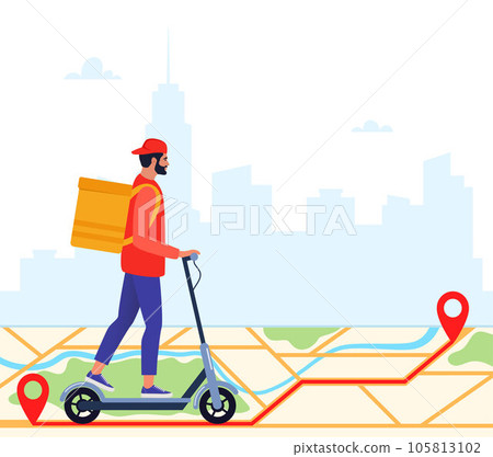 Delivery service concept and application for tracking online orders, food delivery. Man courier riding electric scooter with yellow package product box. Vector illustration for website, mobile app. 105813102