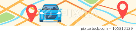 Car on city map with red pins and route between them. Horizontal banner template. GPS navigator or car sharing concept illustration, vector. Car on city map with red pins and route between them. Horizontal banner template. GPS navigator or car sharing concept illustration, vector. 105813129