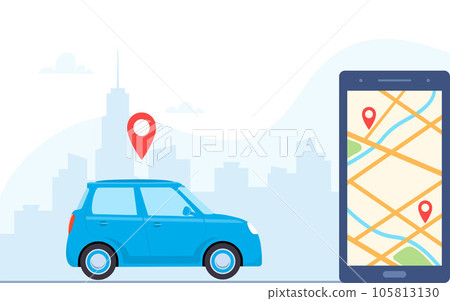 Smartphone with route and points location on city map on the urban landscape background. Online car sharing service with smartphone app. Phone with location marks and car. Vector concept illustration. Smartphone with route and points location on city map on the urban landscape background. Online car sharing service with smartphone app. Phone with location marks and car. Vector concept illustration. 105813130