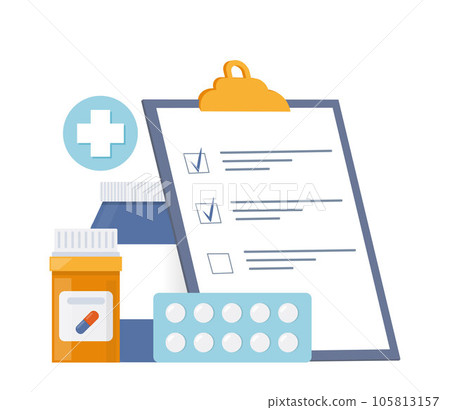 Vials of medicines, tablets, capsules and clipboard with checklist. Medicine, pharmacy concept. Drug, medication, plastic bottle with pills. Vector illustration. Vials of medicines, tablets, capsules and clipboard with checklist. Medicine, pharmacy concept. Drug, medication, plastic bottle with pills. Vector illustration. 105813157