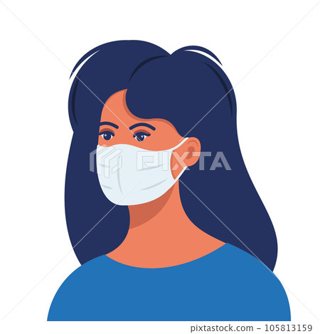 Woman with protective medical mask on face for prevent virus. Girl in surgical mask. Covid prevention. Vector illustration in flat style. Woman with protective medical mask on face for prevent virus. Girl in surgical mask. Covid prevention. Vector illustration in flat style. 105813159
