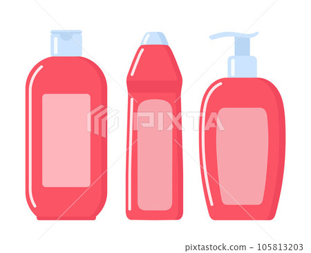 Set of pink cosmetic bottles in flat style. Soap, shampoo, lotion pink bottles. Vector illustration. Set of pink cosmetic bottles in flat style. Soap, shampoo, lotion pink bottles. Vector illustration. 105813203