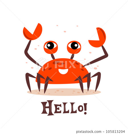 Cute cartoon red crab smiling character. Hello crab. Funny vector illustration for poster, logo, greeting card, banner, cute cartoon print. Cute cartoon red crab smiling character. Hello crab. Funny vector illustration for poster, logo, greeting card, banner, cute cartoon print. 105813204
