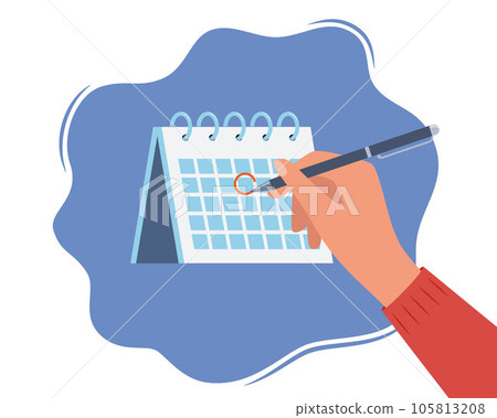 Hand with pen and calendar. Person draws red mark around a date in the calendar. Desktop calendar with a marked date. Mark calendar. Date circled. Deadline, event, important date. Vector illustration. Hand with pen and calendar. Person draws red mark around a date in the calendar. Desktop calendar with a marked date. Mark calendar. Date circled. Deadline, event, important date. Vector illustration. 105813208