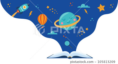 Open book and space elements. Planet, rocket, star, cloud, aerostat. Education concept for kids. Knowledge, creativity, discoveries. Design for educational motivational banner. Back to school. Vector. 105813209