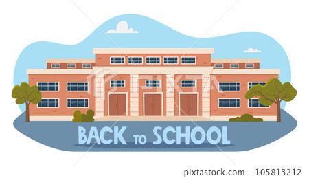 Back To School concept. Modern School Building Exterior. Facade of high school building with large windows. Design for flyer, banner, card. Vector illustration. 105813212
