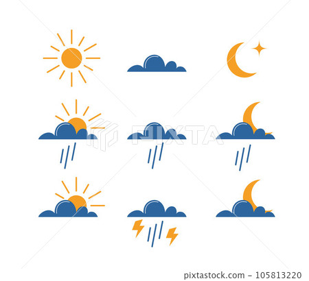 Weather icons set. Cute simple flat style icons for the weather forecast. Sun, Cloud, Moon, Rain, Lightning symbols. Vector illustration. 105813220