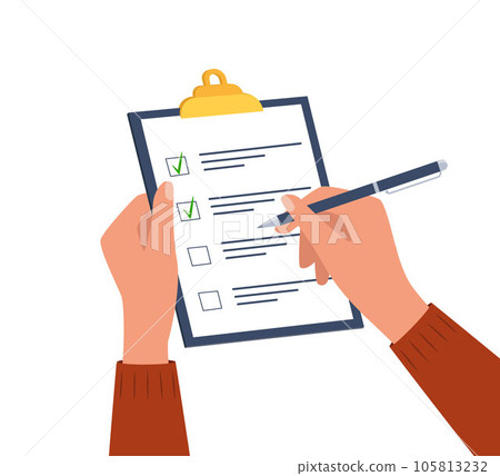 Hands holding clipboard with checklist with green check marks and pen. Human filling control list on notepad. Concept of Survey, quiz, to-do list or agreement. Vector illustration in flat style. 105813232