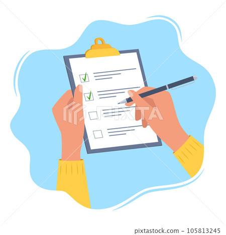 Hands holding clipboard with checklist with green check marks and pen. Human filling control list on notepad. Concept of Survey, quiz, to-do list or agreement. Vector illustration in flat style. 105813245