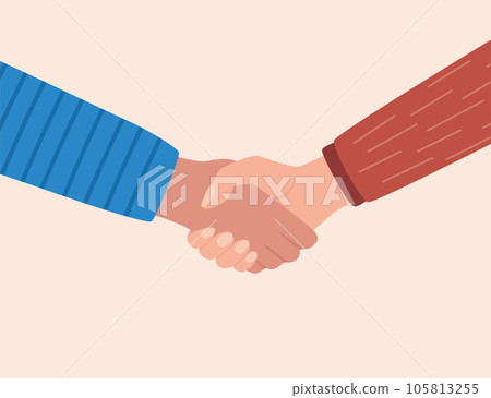 Shaking hands, symbol of success deal, happy partnership, greeting shake, casual handshaking agreement. Vector illustration in flat style. 105813255