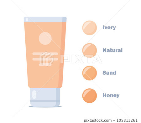 Liquid foundation color shades palette. Make up cosmetic products for banner, poster. Liquid foundation with cream tube. Vector illustration. Liquid foundation color shades palette. Make up cosmetic products for banner, poster. Liquid foundation with cream tube. Vector illustration. 105813261