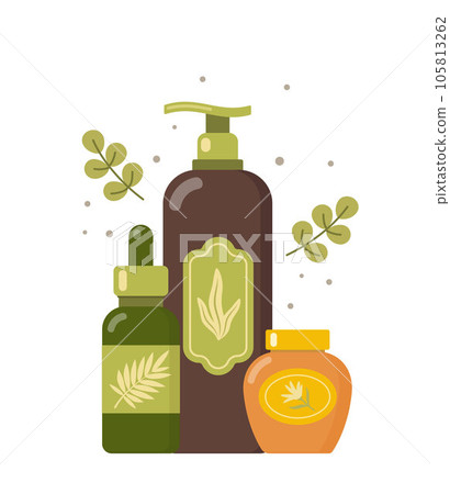 Natural cosmetic from organic plants. Couple of green leaves and bottles. Spa bio creme bottle. Stylish concept for vegan organic cosmetics in flat design. Vector illustration. Natural cosmetic from organic plants. Couple of green leaves and bottles. Spa bio creme bottle. Stylish concept for vegan organic cosmetics in flat design. Vector illustration. 105813262