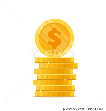 Stack of coins with front view coin on it. Pile of gold shiny coins with dollar sign. Vector illustration. Stack of coins with front view coin on it. Pile of gold shiny coins with dollar sign. Vector illustration. 105813361