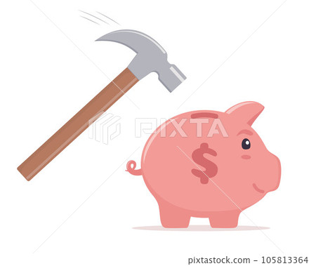 Hammer going to break the piggy bank. Money saving, economy, investment, banking or business services concept. Profit, income, earnings, budget, fund. Vector illustration. Hammer going to break the piggy bank. Money saving, economy, investment, banking or business services concept. Profit, income, earnings, budget, fund. Vector illustration. 105813364