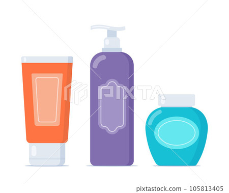 Set of tubes and vials cosmetics. Everything for beauty and skin care. Cosmetic bottles. Cream, gel, tube, soap. Products for beauty and cleanser. Vector illustration in flat style. Set of tubes and vials cosmetics. Everything for beauty and skin care. Cosmetic bottles. Cream, gel, tube, soap. Products for beauty and cleanser. Vector illustration in flat style. 105813405