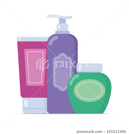 Set of tubes and vials cosmetics. Everything for beauty and skin care. Cosmetic bottles. Cream, gel, tube, soap. Products for beauty and cleanser. Vector illustration in flat style. Set of tubes and vials cosmetics. Everything for beauty and skin care. Cosmetic bottles. Cream, gel, tube, soap. Products for beauty and cleanser. Vector illustration in flat style. 105813406