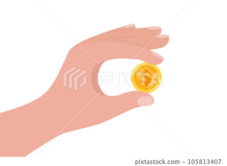 Hand holding gold coin. Business success, profit, finance, making money concept. Coin with dollar sign. Flat style vector illustration. Hand holding gold coin. Business success, profit, finance, making money concept. Coin with dollar sign. Flat style vector illustration. 105813407