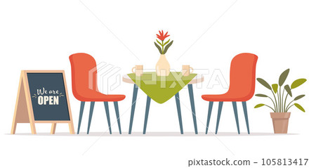 Summer outdoor cafe with table and seats, street chalk board. Restaurant scene in flat design. Romantic dinner table for two. Vector illustration. Summer outdoor cafe with table and seats, street chalk board. Restaurant scene in flat design. Romantic dinner table for two. Vector illustration. 105813417