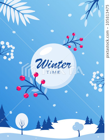 Winter time. Winter social network banner template. Flyer with winter landscape snowy background. Vector illustration. Winter time. Winter social network banner template. Flyer with winter landscape snowy background. Vector illustration. 105813475