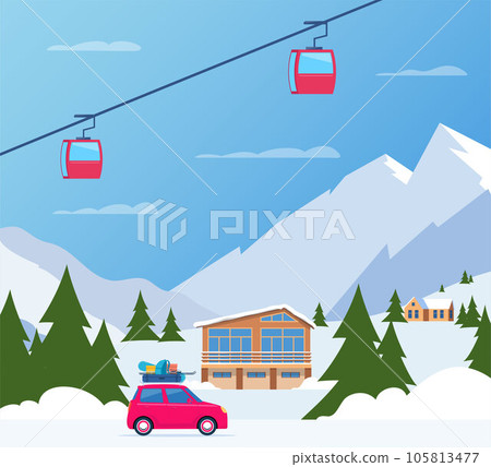 Winter Skiing holiday trip to mountains. Cute small car with ski and snowboard, backpack and suitcase on the roof. Vector illustration. 105813477