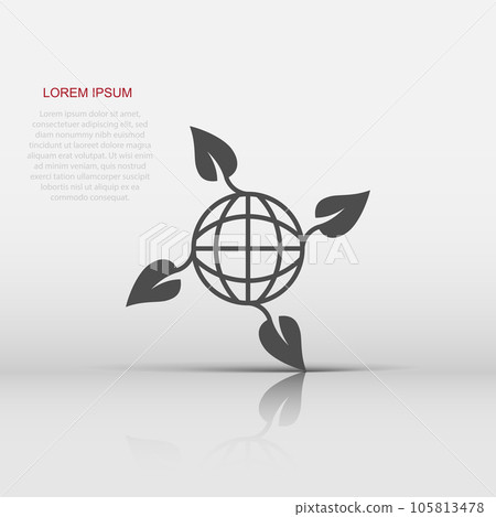 Planet and leaf icon in flat style. World and eco vector illustration on white isolated background. Globe and organic business concept. Planet and leaf icon in flat style. World and eco vector illustration on white isolated background. Globe and organic business concept. 105813478