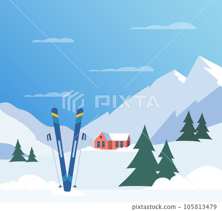 Ski resort. Winter mountain landscape with lodge, ski lift. Winter sports vacation banner. Vector illustration. 105813479