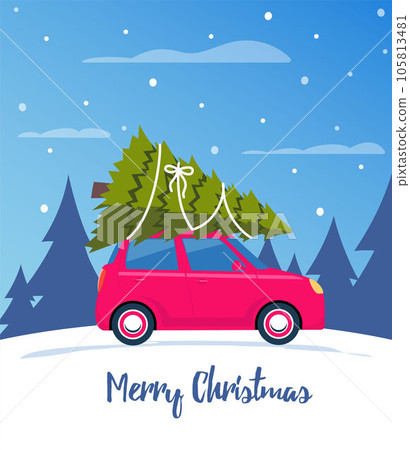 Cute red retro car with christmas tree on the roof. Merry christmas and happy new year greeting card, postcard, poster, banner, invitation design. Merry Christmas. Happy New Year. Vector illustration. Cute red retro car with christmas tree on the roof. Merry christmas and happy new year greeting card, postcard, poster, banner, invitation design. Merry Christmas. Happy New Year. Vector illustration. 105813481