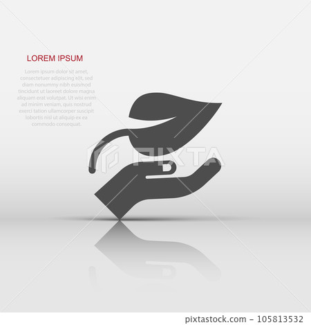 Hand with plant icon in flat style. Flower sprout vector illustration on white isolated background. Environmental protection sign business concept. Hand with plant icon in flat style. Flower sprout vector illustration on white isolated background. Environmental protection sign business concept. 105813532
