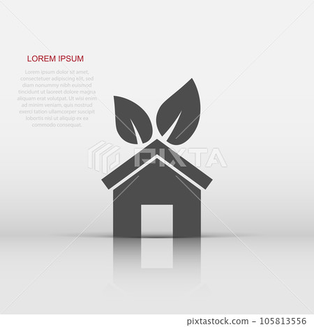 House with leaf icon in flat style. Flower garden vector illustration on white isolated background. Ecology sign business concept. House with leaf icon in flat style. Flower garden vector illustration on white isolated background. Ecology sign business concept. 105813556