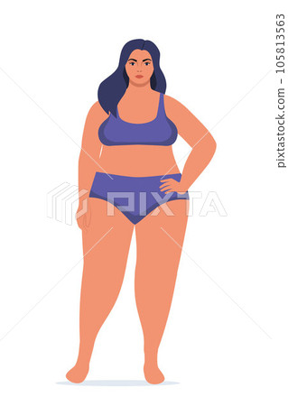 Body positive woman in underwear. Plus size female character. Attractive curvy, overweight girl. Oversize obesity, pretty large lady in beautiful fashionable clothes. Vector illustration. 105813563