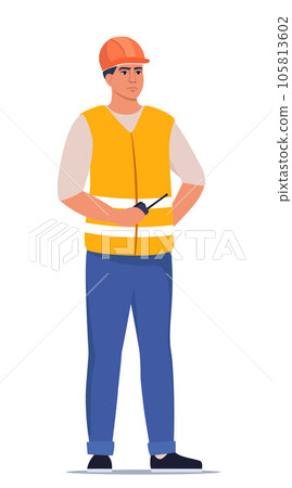Builder or engineer standing in work clothes, orange protective helmet and holding radio in his hand. Engineer manages the construction process. Vector illustration. 105813602