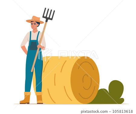Woman with pitchfork near haystack. Farmer prepares hay. Food for domestic animal. Yellow straw in haystack and agricultural equipment. Vector illustration. Woman with pitchfork near haystack. Farmer prepares hay. Food for domestic animal. Yellow straw in haystack and agricultural equipment. Vector illustration. 105813618