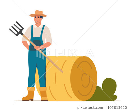 Man with pitchfork near haystack. Farmer prepares hay. Food for domestic animal. Yellow straw in haystack and agricultural equipment. Vector illustration. 105813620