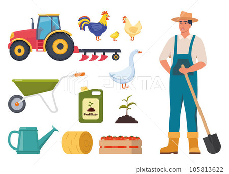 Farmer character and different farm elements. Man farmer, barn, tractor, chicken, rooster, goose, fertilizer, haystack, cart, watering can. Set of elements on farm theme. Vector illustration. Farmer character and different farm elements. Man farmer, barn, tractor, chicken, rooster, goose, fertilizer, haystack, cart, watering can. Set of elements on farm theme. Vector illustration. 105813622