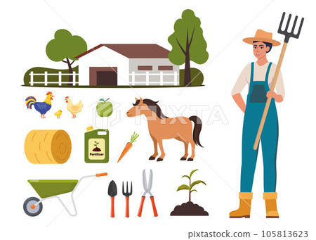 Farmer character and different farm elements. Woman farmer, barn, horse, fertilizer, haystack, cart, crop, pitchfork, watering can, plant. Set of elements on farm theme. Vector illustration. Farmer character and different farm elements. Woman farmer, barn, horse, fertilizer, haystack, cart, crop, pitchfork, watering can, plant. Set of elements on farm theme. Vector illustration. 105813623