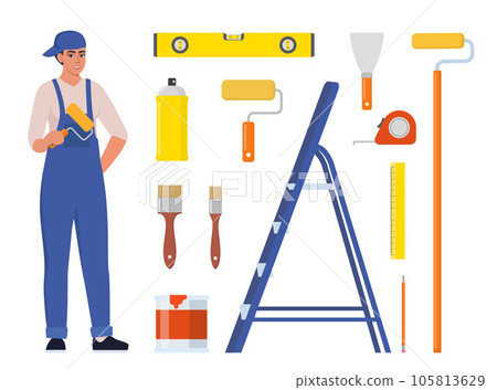 Woman painter in uniform with paint roller. Set of painting tools, brush, roller. Decorator job, interior renovation service. Vector illustration. Woman painter in uniform with paint roller. Set of painting tools, brush, roller. Decorator job, interior renovation service. Vector illustration. 105813629