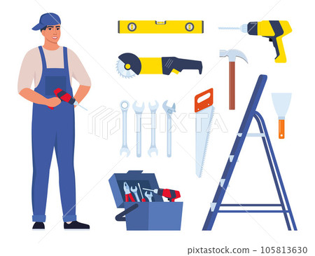 Repairman or mechanic and collection of tools. Man character in uniform with set of professional instruments. Vector illustration. Repairman or mechanic and collection of tools. Man character in uniform with set of professional instruments. Vector illustration. 105813630