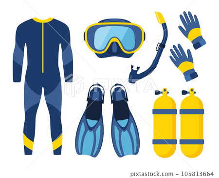 Diving equipment, set. Scuba diving, aqualung oxygen cylinders, diving costume, flippers, mask and tube. Vector illustration. 105813664