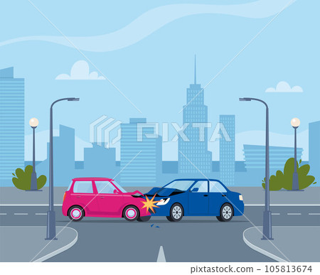 Car accident. Damaged transport on city street. Collision of two cars, side view. Road collisition. Damaged transport. Collision on road, safety of driving personal vehicles, car insurance. Vector. Car accident. Damaged transport on city street. Collision of two cars, side view. Road collisition. Damaged transport. Collision on road, safety of driving personal vehicles, car insurance. Vector. 105813674