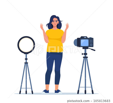 Blogger communicates in live stream with followers. Woman records video standing in front of the camera. Influencer creating video for a blog. Vector illustration. 105813683