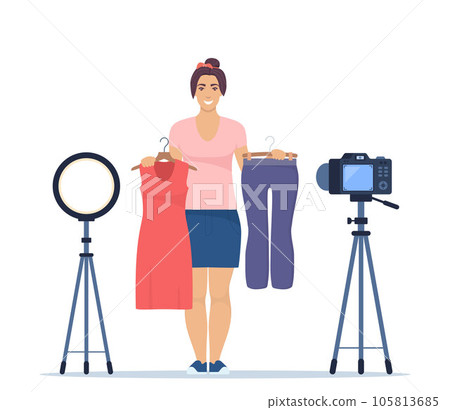 Woman blogger records video tips for choosing clothes, shows trending clothing models to her subscribers. Brand or product promotion, marketing campaign in social media. Vector Illustration. Woman blogger records video tips for choosing clothes, shows trending clothing models to her subscribers. Brand or product promotion, marketing campaign in social media. Vector Illustration. 105813685