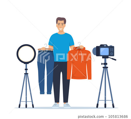 Man blogger records video tips for choosing clothes, shows trending clothing models to his subscribers. Brand or product promotion, marketing campaign in social media. Vector Illustration. 105813686