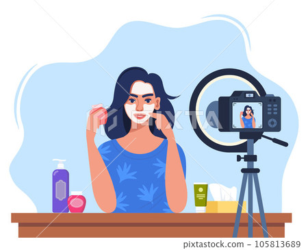 Woman beauty blogger recording skin care tutorial video for her vlog. Girl talking and showing cosmetic products in front of camera. Vector illustration. Woman beauty blogger recording skin care tutorial video for her vlog. Girl talking and showing cosmetic products in front of camera. Vector illustration. 105813689