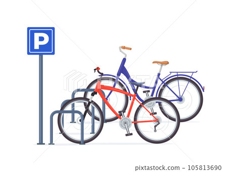 Bicycle parking. Modern bicycles at parking sign. Vector illustration. Bicycle parking. Modern bicycles at parking sign. Vector illustration. 105813690