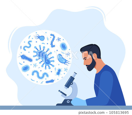 Man Scientist, microbiology researcher with microscope. Microbiologist study various bacteria, pathogenic microorganisms. Bacteria and germs in a circle. Vector illustration. 105813695